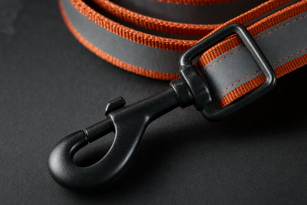 Reflective dog leash clip macro on dark background