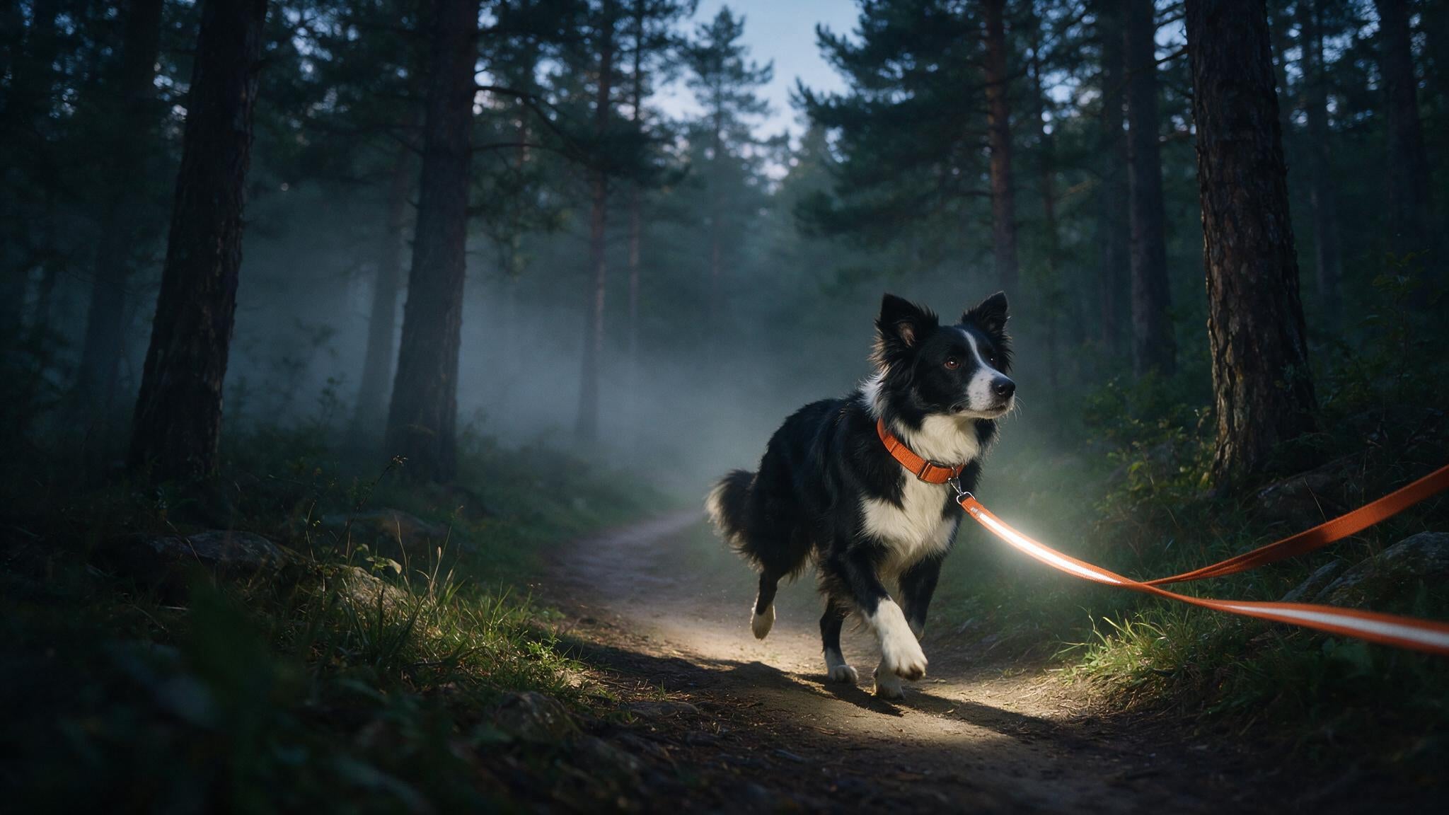 Border collie walking a misty forest trail at dusk wearing a glowing reflective orange leash and collar