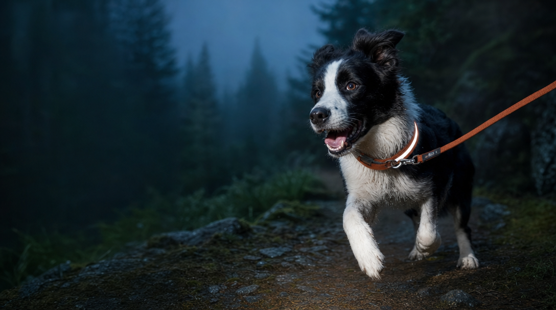 Dog running at night with reflective collar glowing in the dark